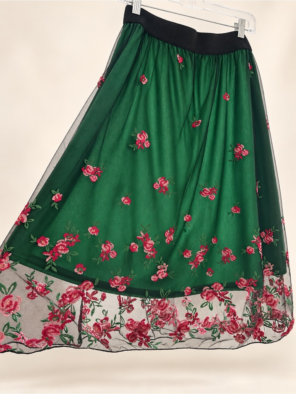 Embroidered Floral Green Midi Skirt